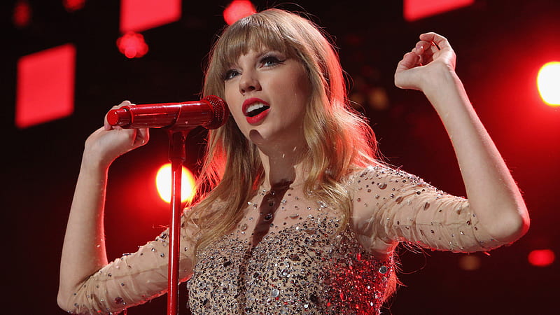 Taylor Swift In Red Lightning Background Wearing Glittering Dress Singing Celebrities, HD wallpaper