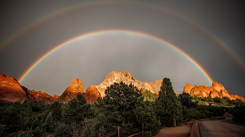 awesome rainbow over desert cliffs, fence, desert, cliffs, rainbow, road, bushes, HD wallpaper