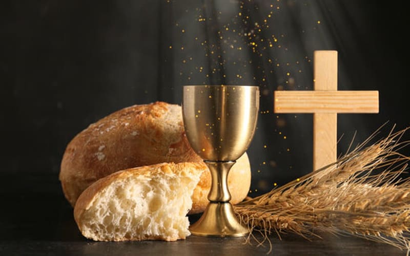 Eucharist, grain ears, bread, cross, goblet, HD wallpaper