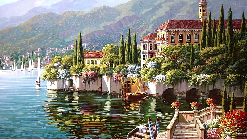 Varenna - Lake Como, Italy, houses, como, varenna, lake, boat, mountains, flowers, nature, italy, HD wallpaper