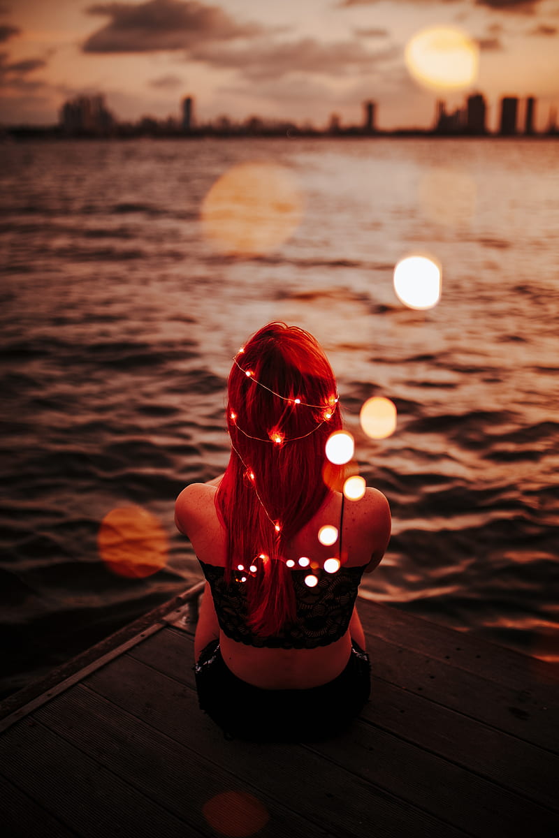 redhead, women, horizon, city, lights, sea, HD phone wallpaper