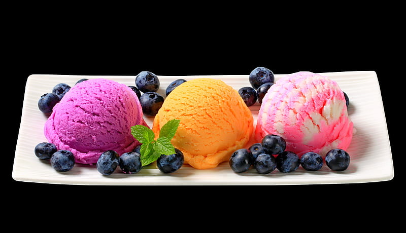 Refreshing Trio of Sweetness!, pretty, mint, high resolution, orange, 4120x2371, blueberries, yum, cold, sweet, fruit, porcelin, ivory, rectangle, cotton candy flavored, dark background, dish, sorbet, purple, square, textured, raspberry, peach, pink and white striped, cream, HD wallpaper