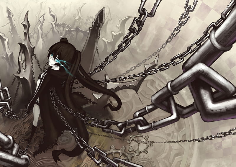 Anime, chains, twintails, swords, black rock shooter, HD wallpaper