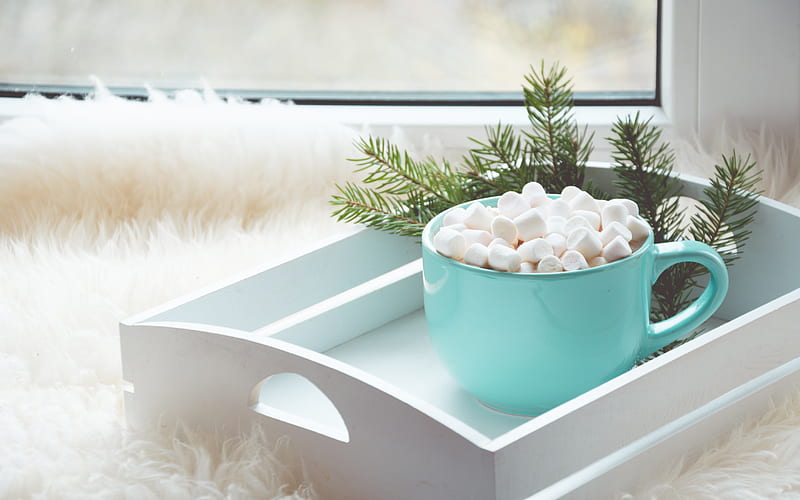 marshmallows, blue cup, winter morning, marshmallows in a cup, Christmas, New Year, coffee with marshmallows, HD wallpaper