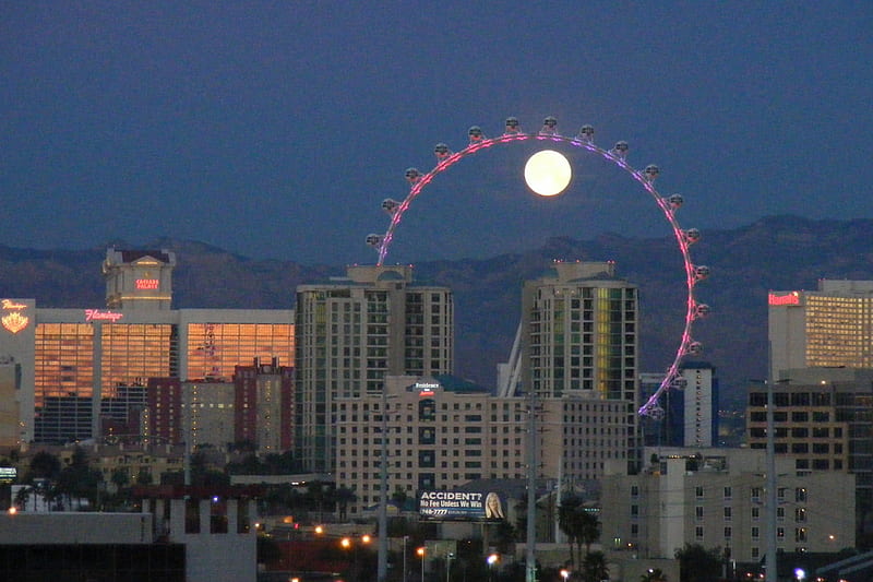 __Las Vegas Strip Moon In Wheel_Feb_4_2015__, Observation Wheel, Full Moon, Highroller, Las Vegas Strip, HD wallpaper