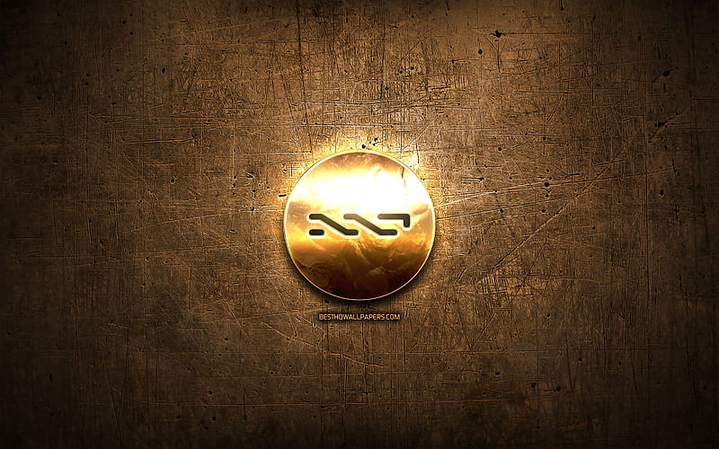 Nxt golden logo, cryptocurrency, brown metal background, creative, Nxt logo, cryptocurrency signs, Nxt, HD wallpaper