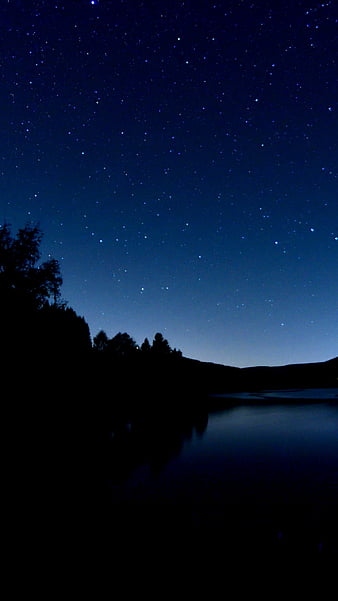 Views of the Stars, amoled, battery saver, black, lake, night, sky, trees,  HD phone wallpaper | Peakpx