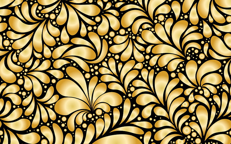 golden leaves texture, golden luxury background, golden floral texture, golden leaves on black background, leaves texture, golden leaves ornament, HD wallpaper