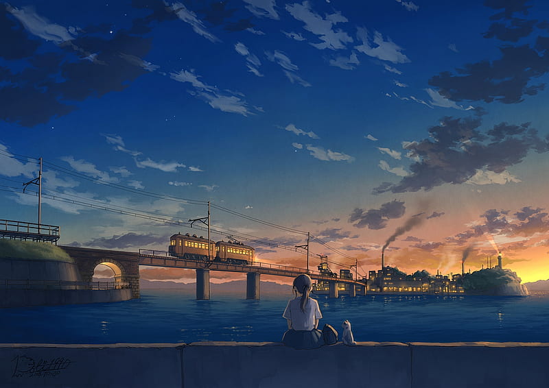 anime landscape, train, school girl, cat, sunset, clouds, ponytail, lighthouse, Anime, HD wallpaper