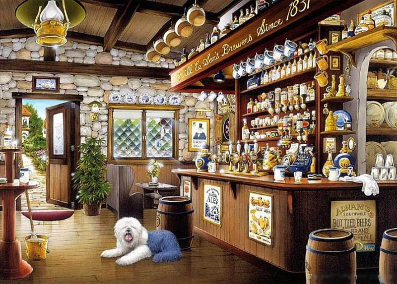 Old Pub, window, bar, interior, glasses, barrel, artwork, door, bottles, dog, HD wallpaper
