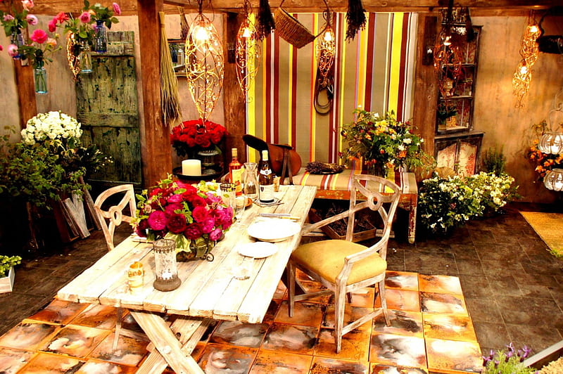 GARDEN SHELTER, table, backtard, blossoms, garden, shelter, HD wallpaper