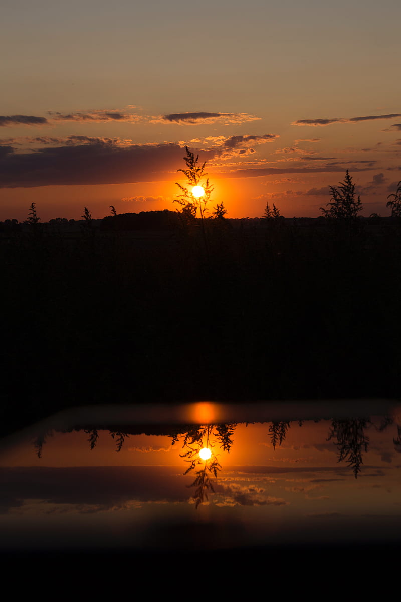 sunset, dusk, dark, sun, reflection, HD phone wallpaper