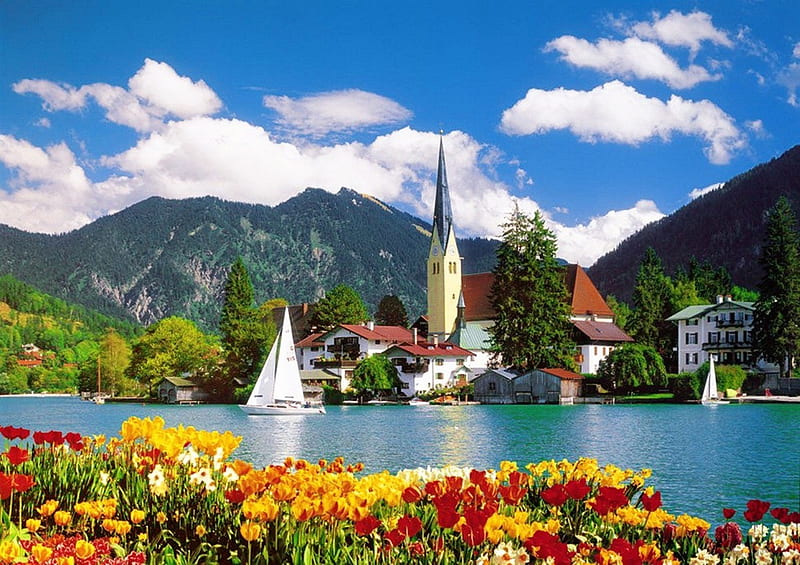Lake Tegernsee, Bavaria, Germany, spring, alps, sky, clouds, blossoms, flowers, village, tulips, sailboat, HD wallpaper