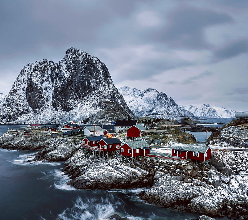 Winter Landscape, nature, red house, sea, HD wallpaper