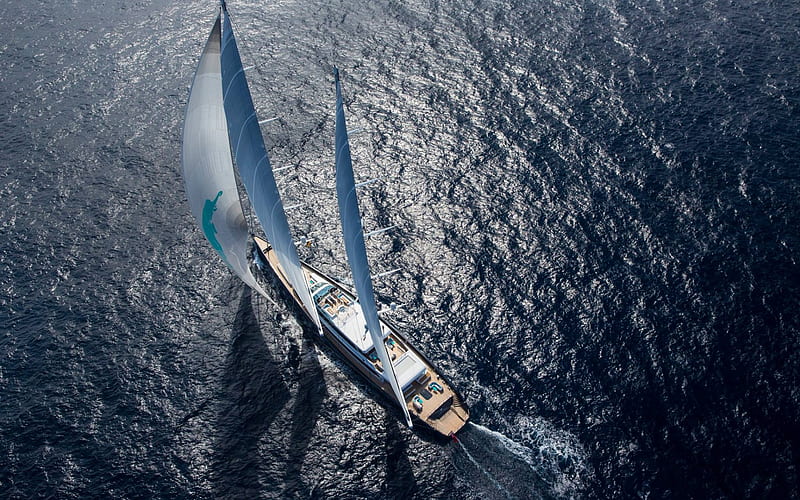 modern sailer, sea, white sails, top view, waves, yacht ride concepts, HD wallpaper