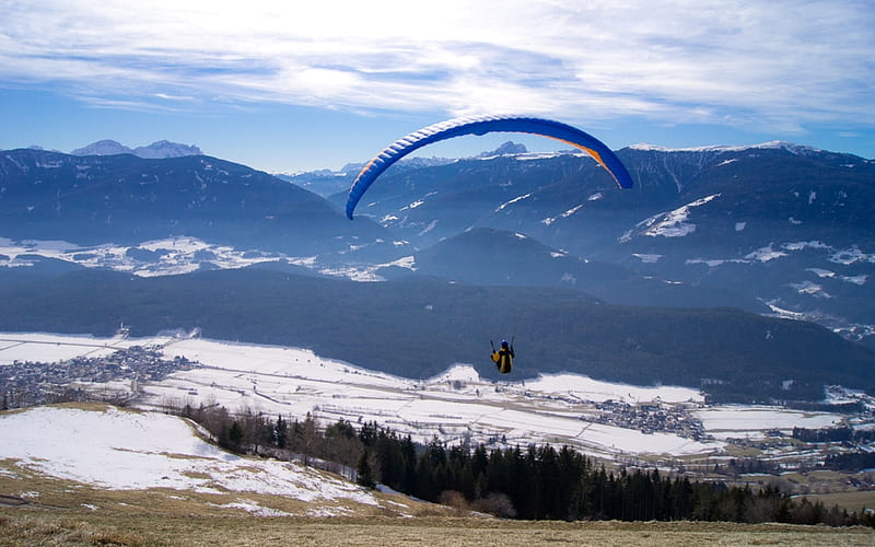 Paragliding over Valley, snow, valley, mountains, paraglider, HD wallpaper