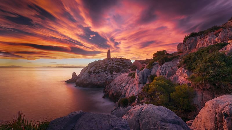 The Balearic Sea, Valencia, Spain, rocks, coast, lighthouse, colors, mediterranean, clouds, sky, HD wallpaper
