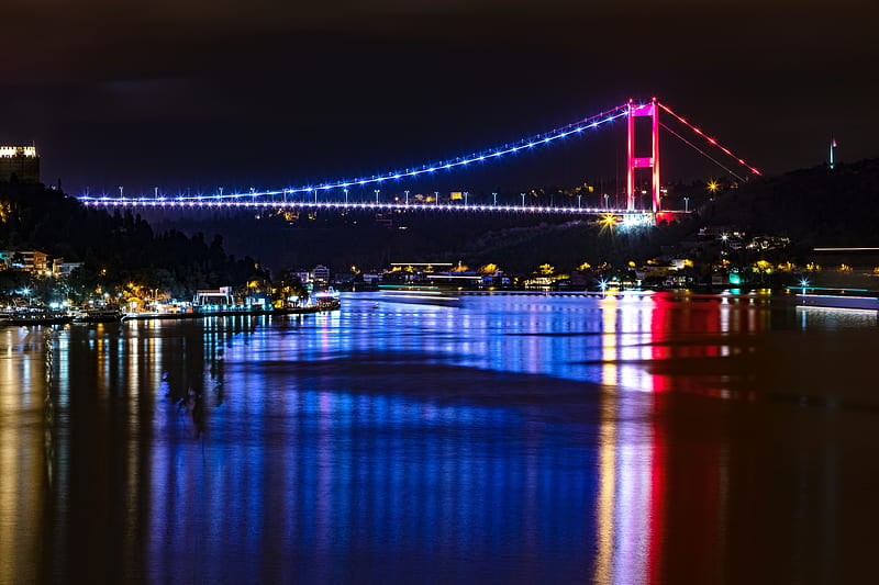 bridge, backlight, river, reflection, istanbul, HD wallpaper