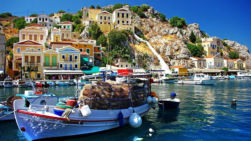 symi greece, beach, greece, boats, symi, HD wallpaper