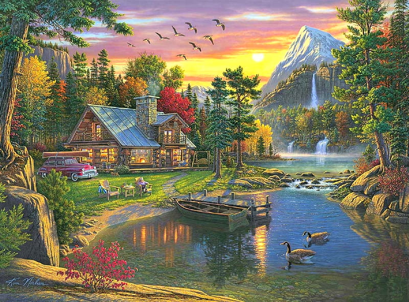 Mountain Paradise, attractions in dreams, nature, lakes, houses, love four seasons, waterfalls, boat, paintings, paradise, sunsets, mountains, summer, cabins, HD wallpaper