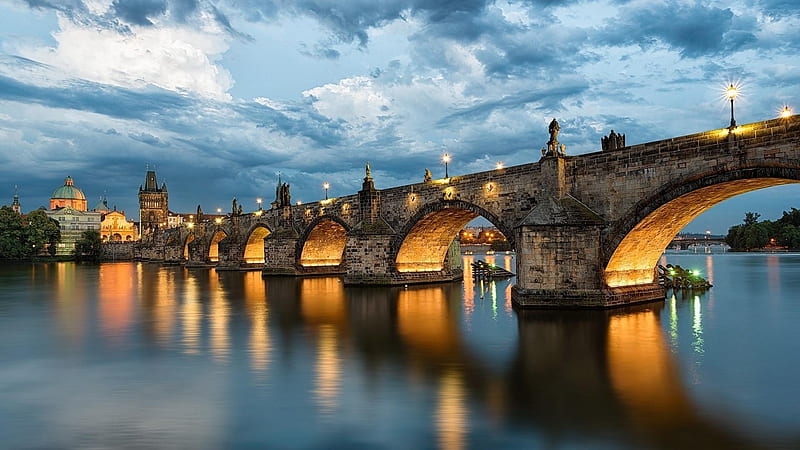 Charles Bridge, Prague, city, bridge, river, nature, reflection, clouds, lights, HD wallpaper