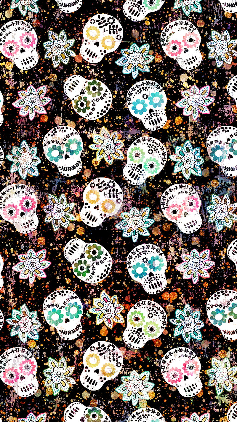 Floral Sugar Skulls, Adoxali, Calavera, Floral, Halloween, Mexican, background, black, bone, cute, day, dead, death, decorative, dia de los muertos, face, festival, flower, folk, funky, funny, gothic, grunge, grungy, head, hipster, human, illustration, mask, pattern, skull, spooky, sugar, vintage, HD phone wallpaper