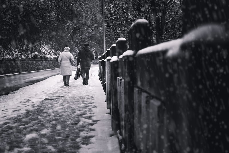 Two people walking on sidewalk at the snow, HD wallpaper | Peakpx