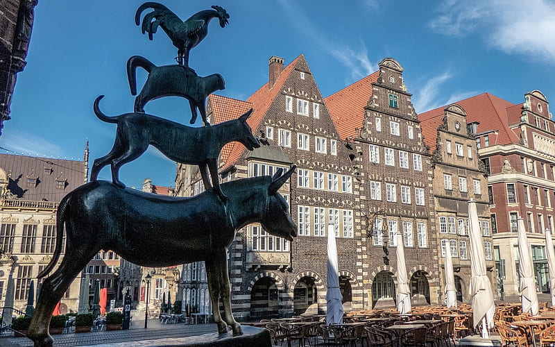 Town Musicians in Bremen, city, houses, Bremen, Germany, street, sculpture, HD wallpaper