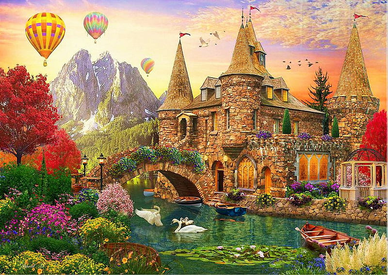 Enchanted, swans, idge, birds, sunset, trees, sky, artwork, mountain, boat, bridge, balloons, digital, flowers, river, castle, HD wallpaper