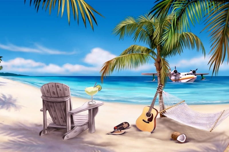 TRANQUILITY, oceans, music, shade, waves, trees, guitars, sea, aircraft, loungers, sand, horizons, HD wallpaper