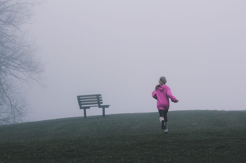 Girl running near black bench, HD wallpaper