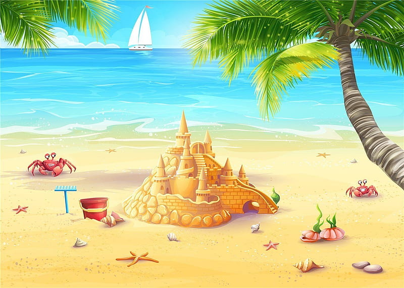 Sand Castle on the Beach, sand, boat, ocean, crabs, palm, trees, castle, sail, HD wallpaper