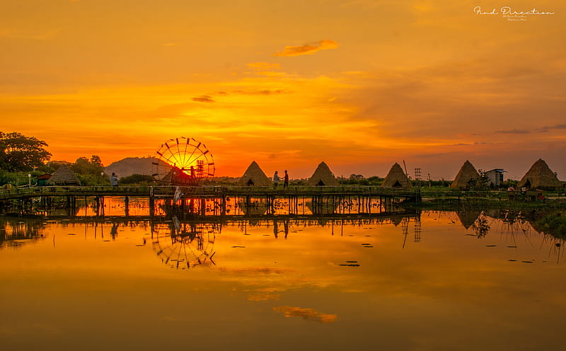 Sunset Ultra, Nature, Sun & Sky, Orange, Water, Bridge, Reflection, Sunlight, cambodia, phnomkrom, HD wallpaper