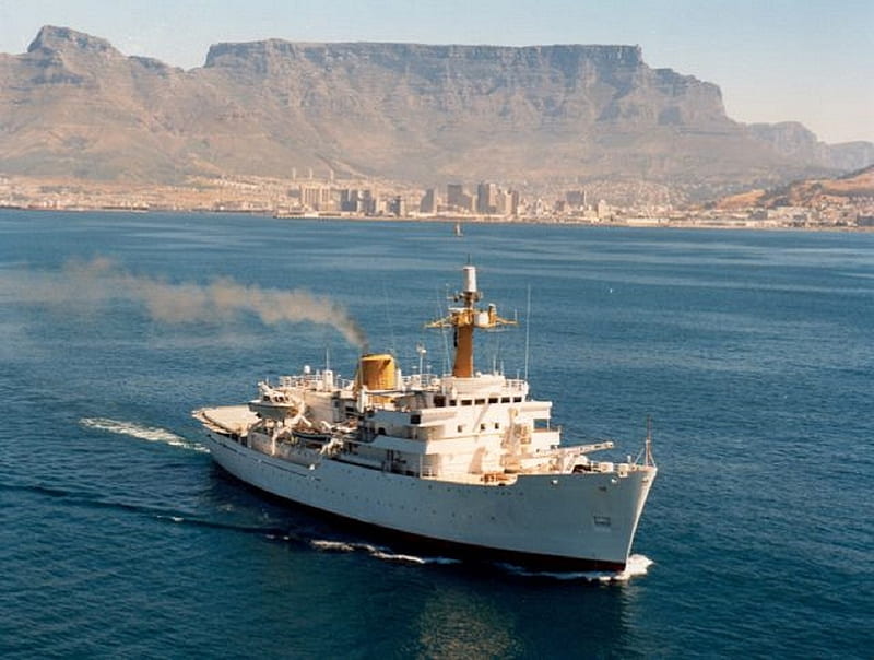 WORLD OF WARSHIPS South African Navy SAS Protea A 324 Deep Ocean hydrographic survey ship UK Hecla Class, 2800 tons, 260 feet long, white hull and upper deck, diesel electric engines, yellow funnel, Table Mountain and Cape Town in backgound, turbo charged, 14 kts, crew of 120 approx including officers, HD wallpaper
