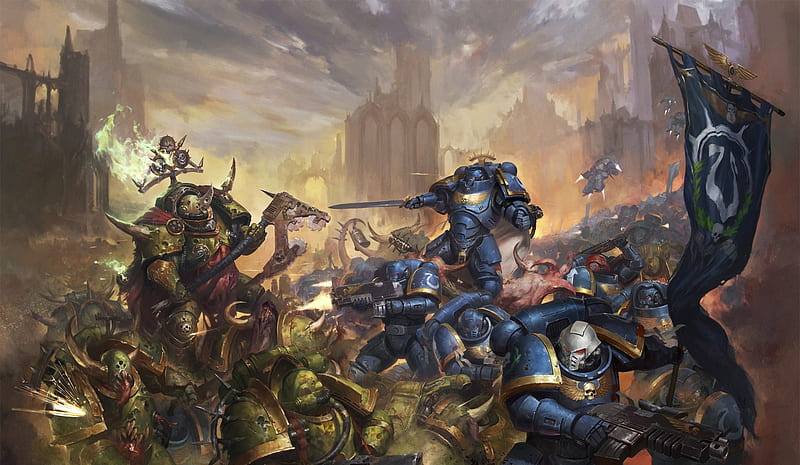 warhammer 40k, chaos, ultramarines, artwork, battle, flags, robots, Games, HD wallpaper