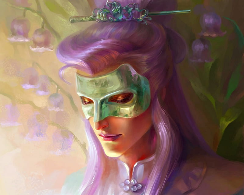 Jade mask, luminos, HRFleur, man, fantasy, green, purple, flower, face, vampire, pink, HD wallpaper