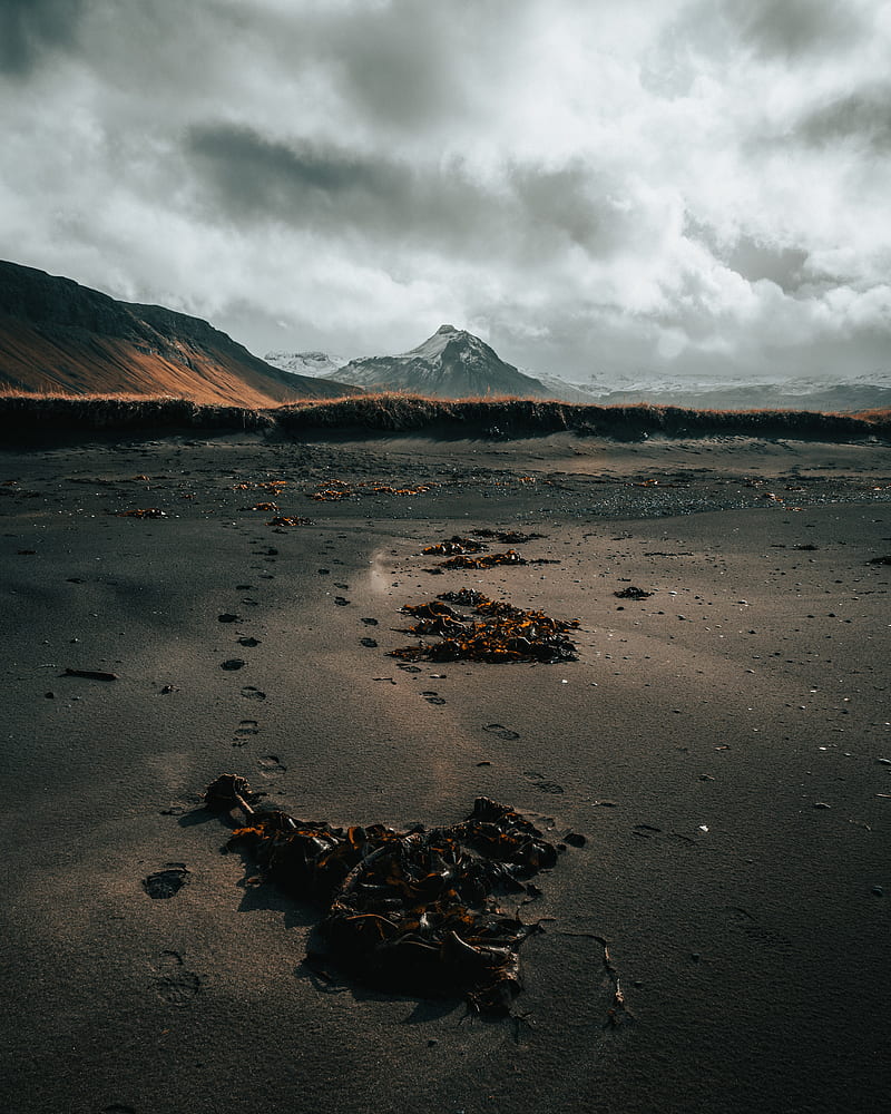 mountain, coast, sand, footprints, landscape, HD phone wallpaper