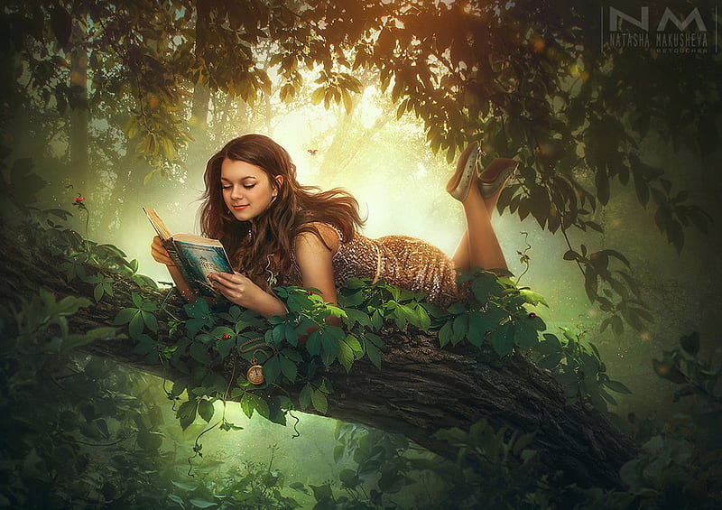 Girl, forest, luminos, book, branch, tree, fantasy, green, makusheva, HD wallpaper