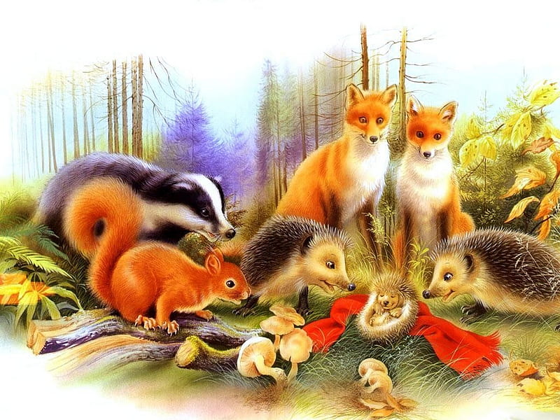 baby hedgehog, art, squirrel, fox, hedgehog, painting, animals, HD wallpaper