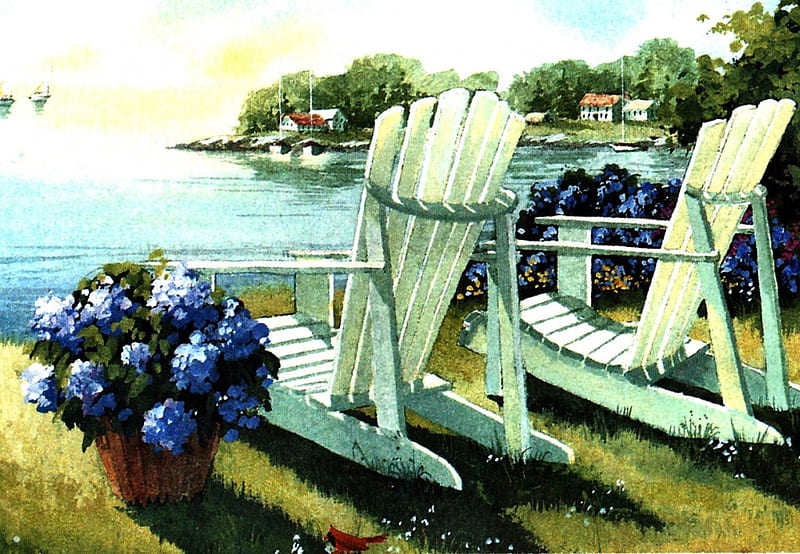 Adirondak Chairs 1, art, artwork, beach, painting, wide screen, flowers, seascape, lawn, scenery, landscape, HD wallpaper