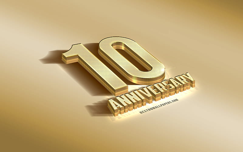 10th Anniversary sign, golden 3d symbol, golden Anniversary background, 10th Anniversary, creative 3d art, 10 Years Anniversary, 3d Anniversary sign, HD wallpaper