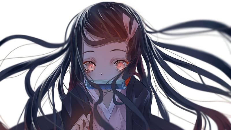 Demon Slayer Nezuko Kamado With Pink Eyes And Long Hair With Background Of White Anime, HD wallpaper
