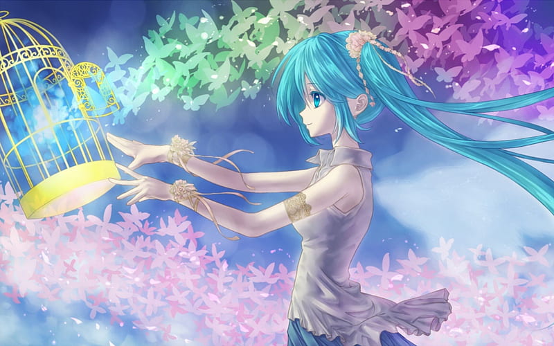 **D I V A**, Miku, chic, pro, sweet, paintings, love, anime, face, art, lovely, birds, singer, lips, cute, cool, cage, purple, digital, eyes, artistic, colorful, bow, bonito, CG, hair, green, pink, blue, animals, outfit, music, colors, diva, butterflies, Hatsune Miku, aqua hair, HD wallpaper