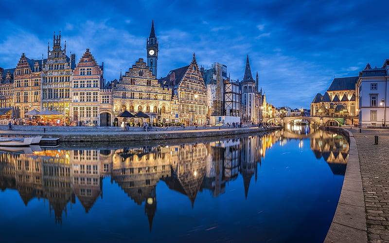 Ghent, Belgium, reflection, Ghent, Belgium, water, houses, dusk, HD wallpaper