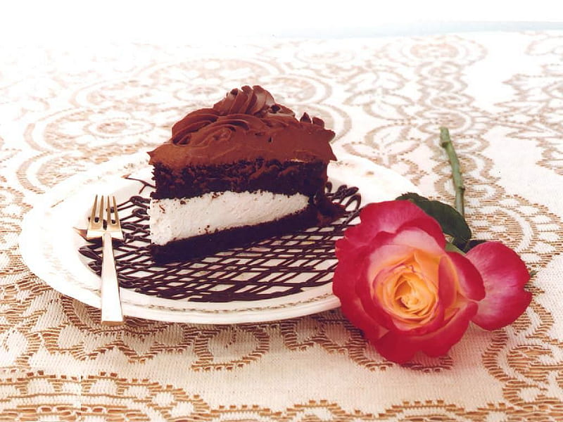 Love's taste, valentines day, cake, graph, table, romance, rose, piece, taste, love, flower, HD wallpaper