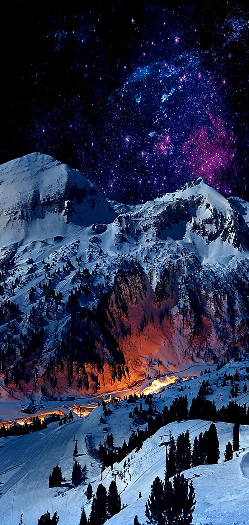 Note 1p llus, fire, mountain, night, sky, snow, star, stars, HD phone ...