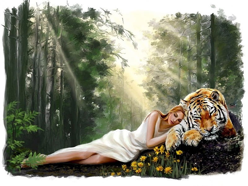 Summer Slumber, girl, slumber, summer, painted, tiger, lady, wood, HD wallpaper