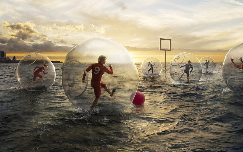 red, Romain Laurent, man, creative, situation, sea, fantasy, sport, water, football, HD wallpaper