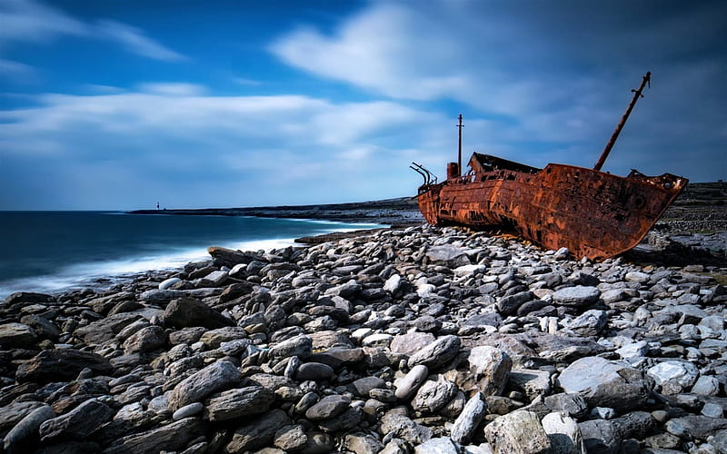 sunken ship, coast, sea, stones, HD wallpaper