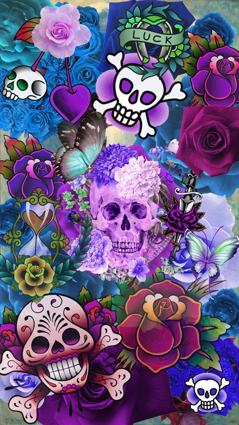 Purple Sugar, skull, love, flowers, death, colorful, HD phone wallpaper